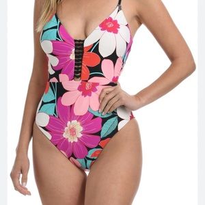 La Blanca women’s plunge one piece swimsuit Reversible black and floral size 10